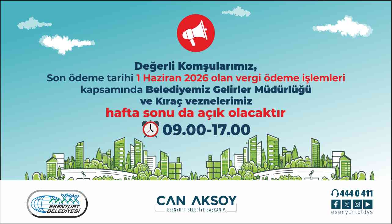 Gelirler Müdürlüğümüz ve Kıraç Veznelerimiz Hafta Sonu Açık Olacaktır